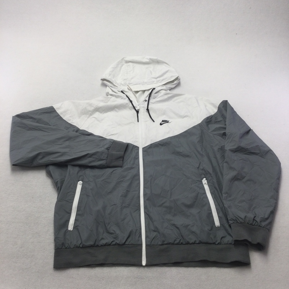 Nike Jacket Mens XL Gray White Hooded Full Zip Windbreaker Mesh Lined Running